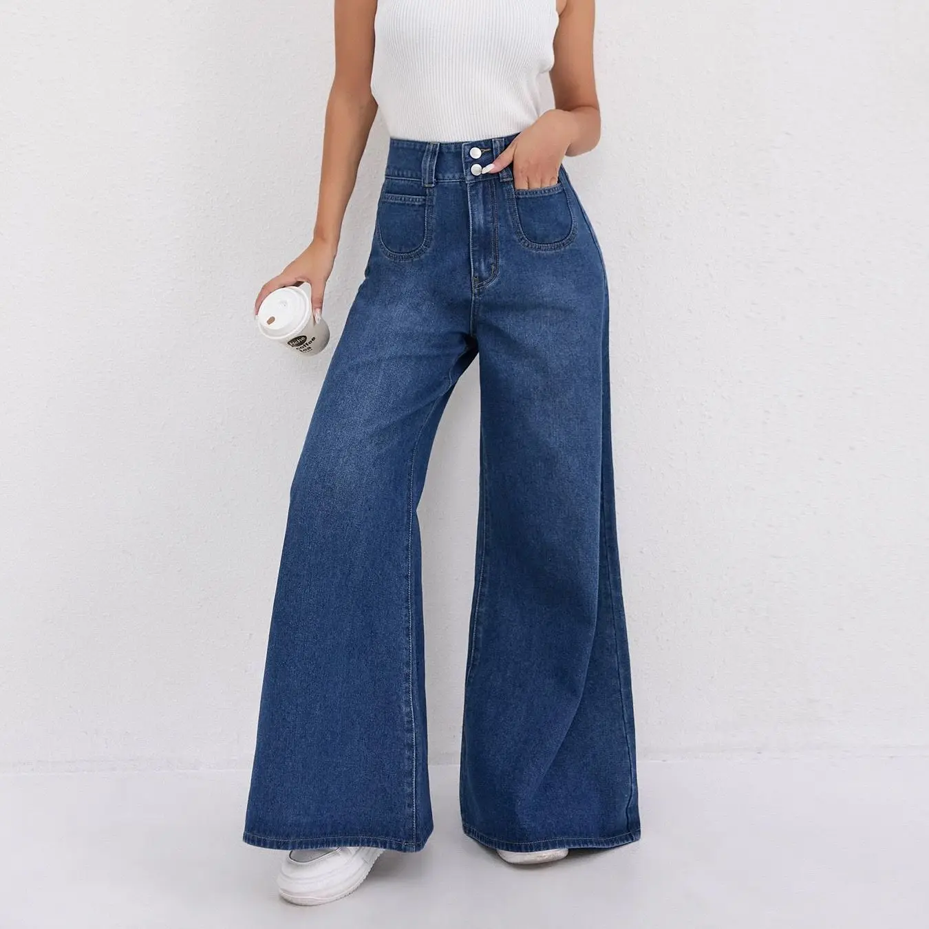 

High Waist Dark Wide Leg Floor-Length Jeans for Women - Loose Slimming Straight Flare Soft Denim Pants