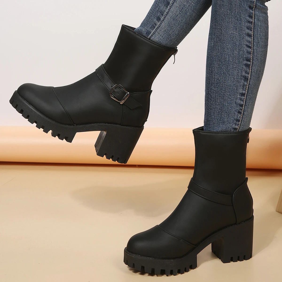 Retro Gothic Platform Shoes Ankle Boots for Women Autumn Winter Soft Leather Buckle Zipper Thick High Heels Punk Botas