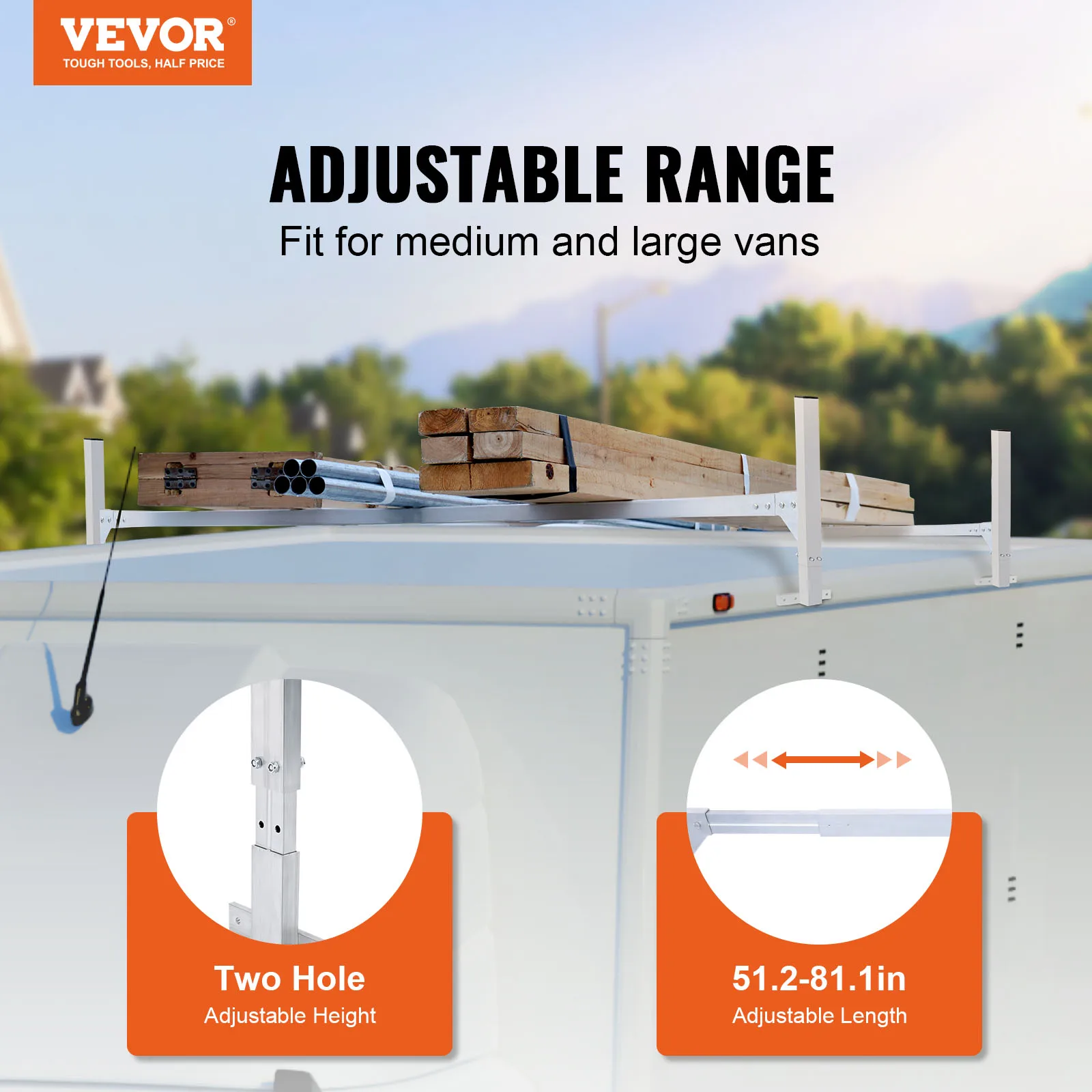 VEVOR Van Roof Ladder Rack 2 Bars Aluminum Alloy Van Roof Ladder Racks W/400LBS Adjustable Length 51.2