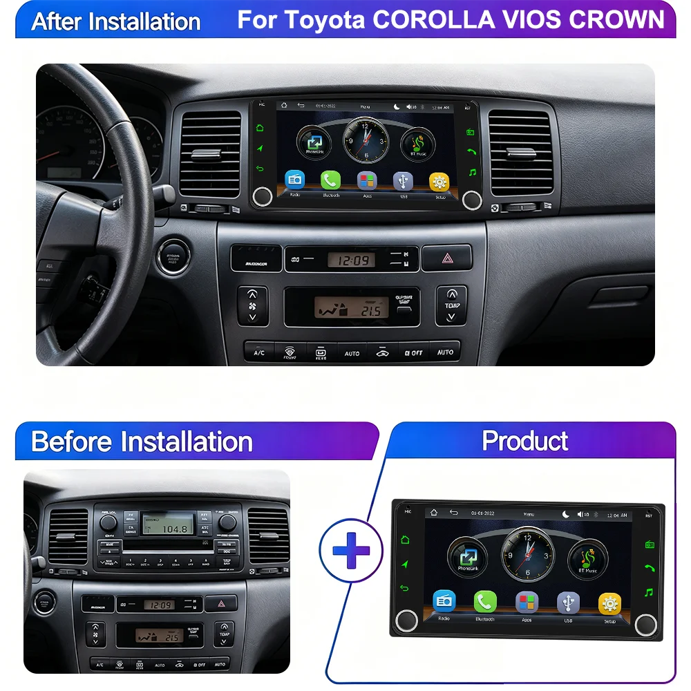 Wireless Carplay Android Auto AM RDS Stereo Car MP5 Player For Toyota COROLLA VIOS CROWN CAMRY HIACE PREVIA RAV4 Multimedia Unit