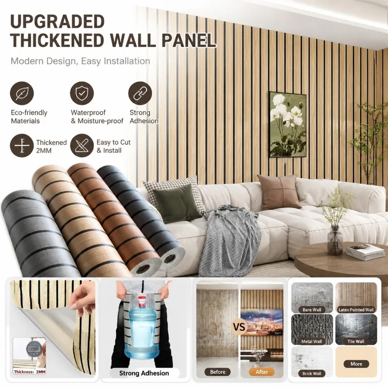 

Peel and Stick Wood Slat Wallpaper, Thick Foam for Covering Cracks, Removable Waterproof Wall Covering for Old Wall Renovation