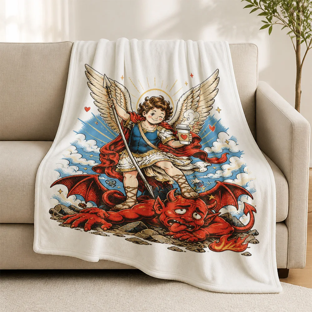 Aesthetic Cartoon Angel vs Devil Combat Throw Blanket for Sofa Couch Home Decor Unique Halloween Spooky Gift Idea