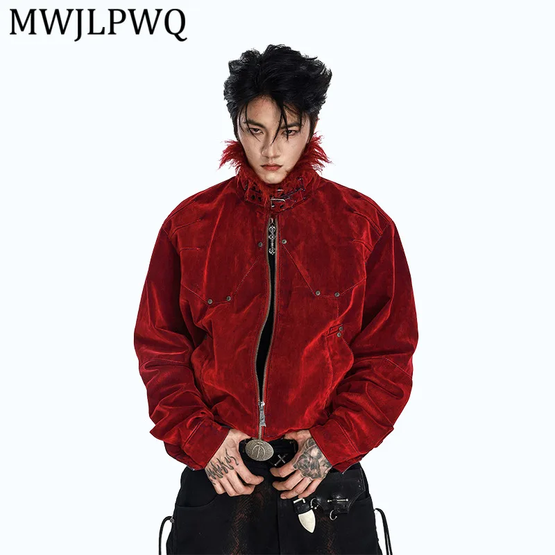 

Винтажная джинсовая куртка MWJLPWQ с меховым воротником, мужская, в уличном стиле, с металлическим декором, потертая, с длинными рукавами, плиссированная, повседневная, 13703