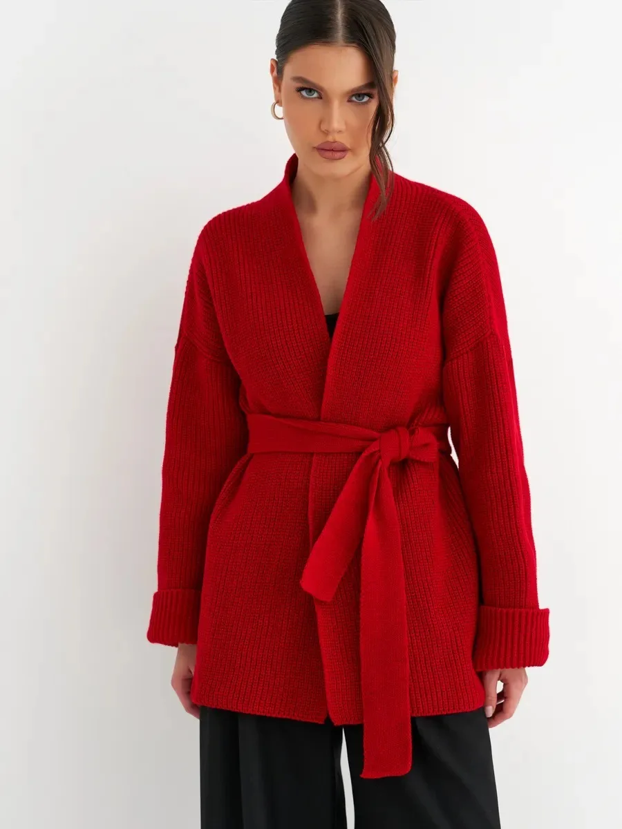 Elegant Solid Belted Knit Cardigan V Neck 2026 Autumn Fashion Women Cardigan Soft Casual Trendy Ladies Knit Loose Sweaters