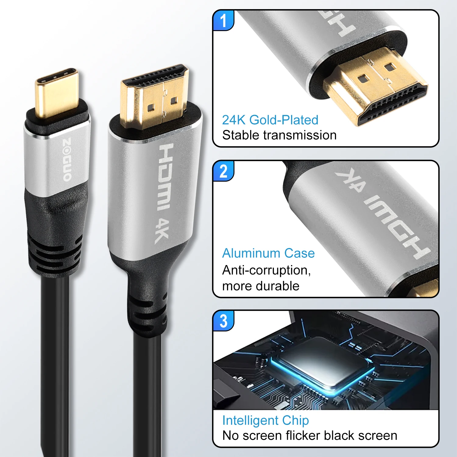 ZOGUO-Cable USB tipo C a HDMI, 4K, 8K, 8K, 60HZ, 4K, 60Hz, Thunderbolt 3/4 HDR, para MacBook Pro, ipad Pro S21 +/S23 +