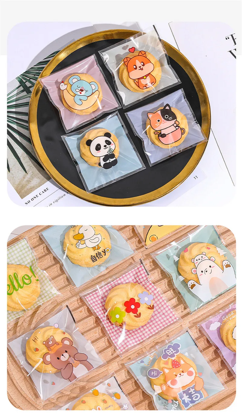 100 Stück 7x7cm/10x10cm Plastik Cartoon Selbstklebende Bäckerei-Verpackungsbeutel für Kekse Snacks Süßigkeiten Geburtstagsparty Geschenk – Detail 7