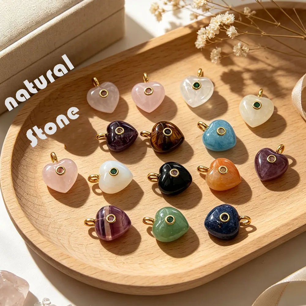 20mm Gold Color Heart Pendant Real Natural Crystal Stone Charms for Jewelry Making Amethysts Pink Quartz Tiger Eye Fluorite X469