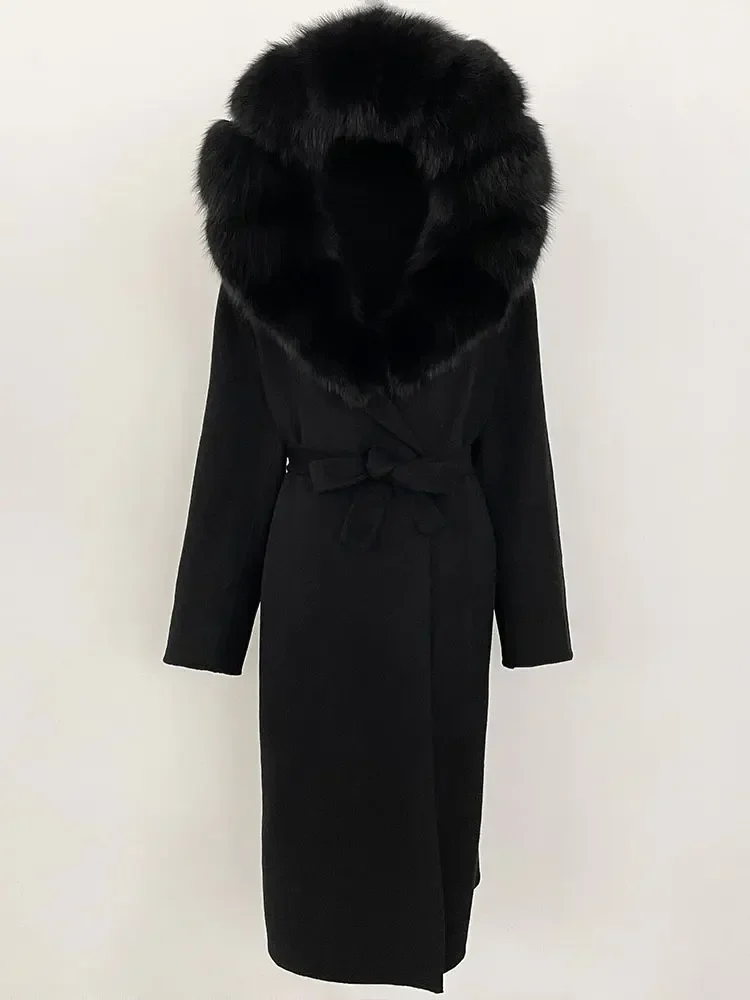 2025 Women New Winter Hooded Detachable Collar Fur Wool Clothes Long Woolen Jacket Real Natural Fox Fur Coat Casual Overwears