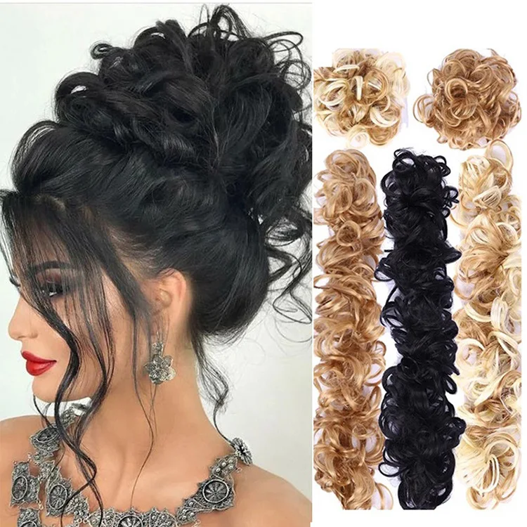 Peluquín de donut de moño desordenado y rizado | Extensiones de cola de caballo DIY para mujer: accesorios updo instantáneos con anillo de donut para el cabello
