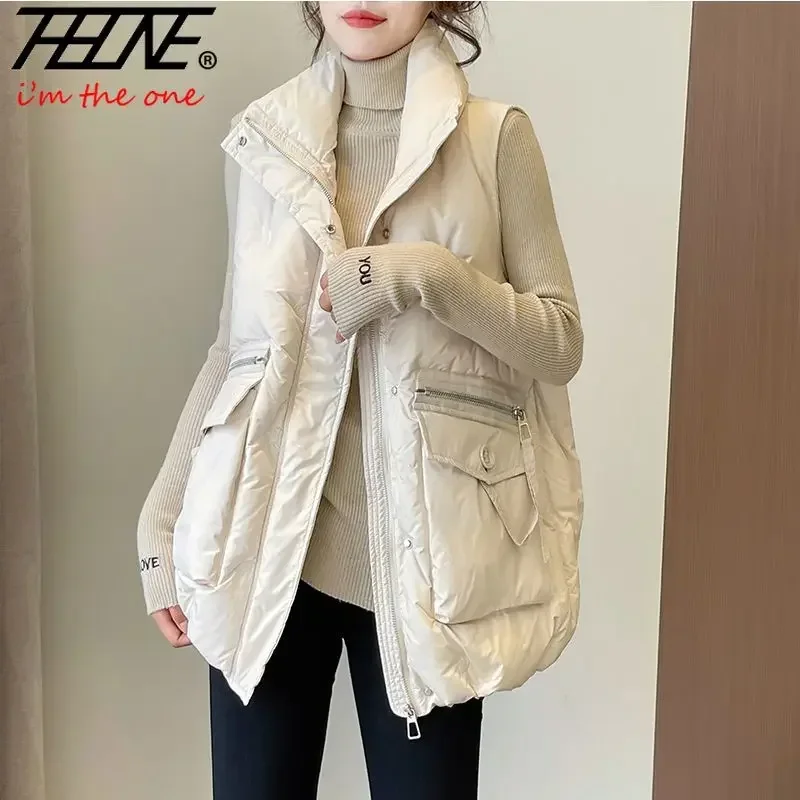 Winter Jackets Vests for Women 2024 Chalecos Para Mujer Plus Size Fashion Casual Korean Style Padded Parkas Pockets Long Coats