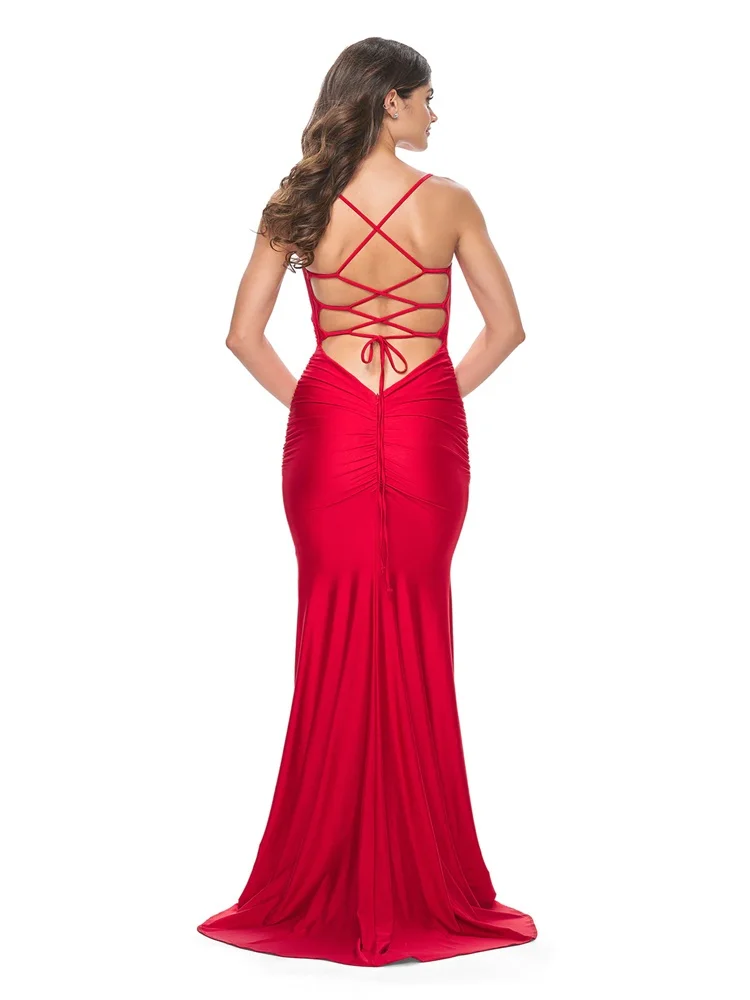 Vestido feminino com cinta de espaguete decote V, vestido até o chão, coluna cetim, sexy Criss Cross Back, novo produto, 2024