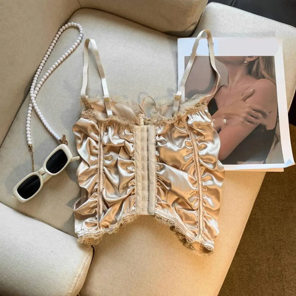 스파이시 걸 스타일 메쉬 투명 레이스 플라워 캐미솔 프릴 민소매 새틴 레이스 업 코르셋 스위트 탱크 서스펜더 조끼 여행