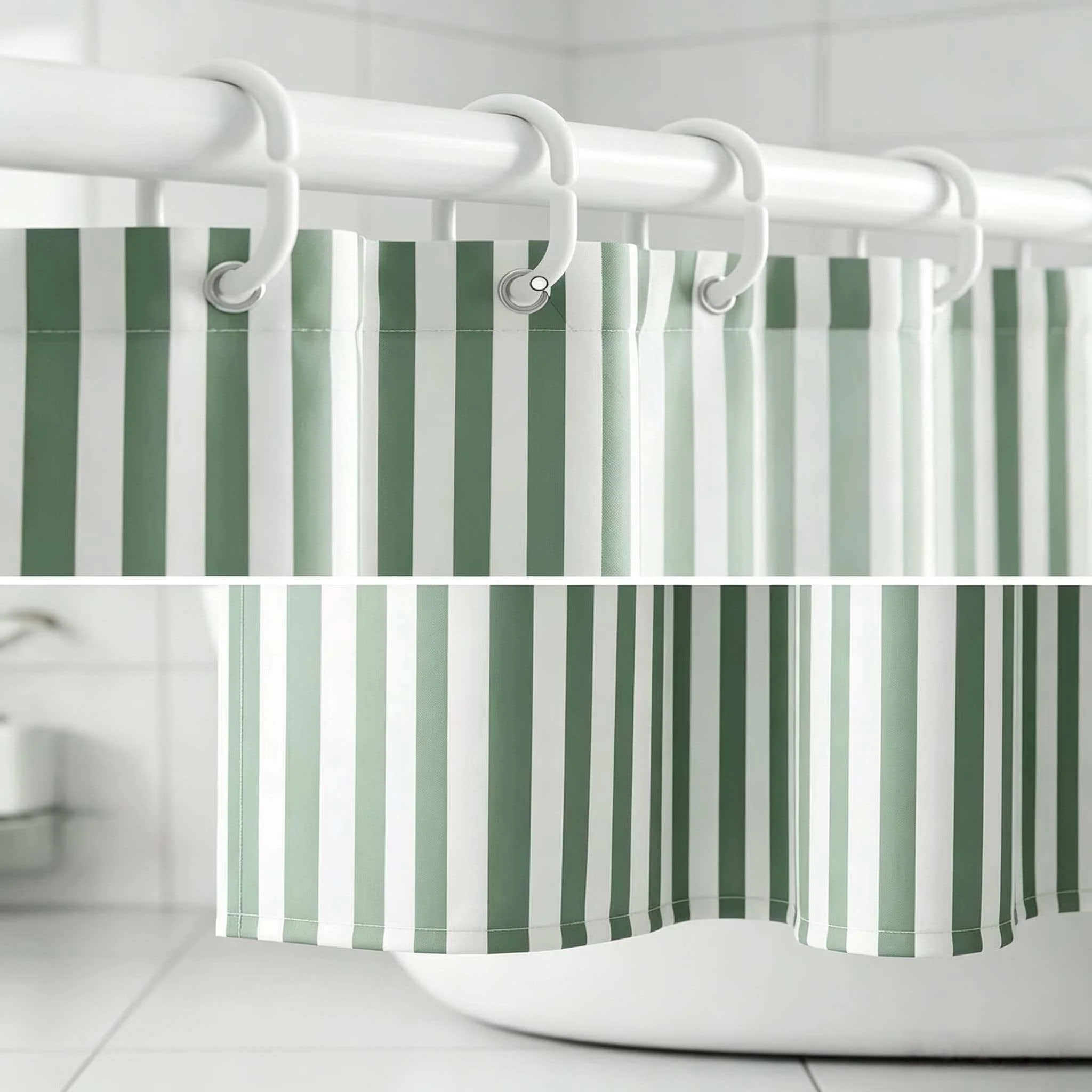 1PC Green Vertical PC Striped Shower Curtain, Home Decor Curtain for Bathroom, with Matching Hooks Included