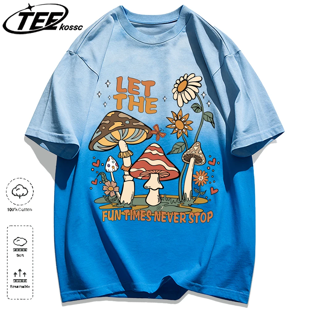 Fun Times Never Stop Mushroomprint Tie-Dye hombres camisetas Casual Camiseta de algodón transpirable Top Unisex cuello redondo ropa que combina con todo