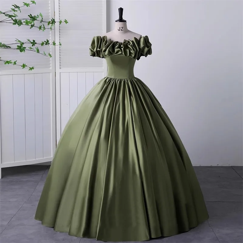 Plus Size Satin Short Sleeves Ruffle Army Green Color Elegant Cocktail Dresses Robe Coktail Femme Longue Ball Gowns