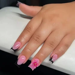 24pcs Sweet Cool Blossom Fake Nails Black Edge French Style 3D Flower Designs Press On Nails Short Square European Wearable Nail