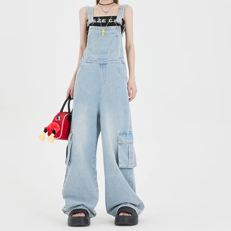 Denim Overpants Women\'s retro washed tooling 2024 fall new oversize slim wide-leg pants