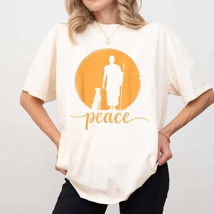 Vintage Monks with Aloka Dog T-Shirt Summer Men's and Women's Loose and Breathable T-shirt Top
