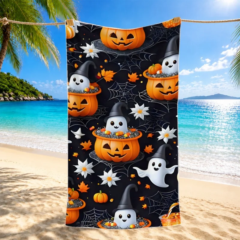 Halfway To Halloween 2026 Black Cat Pumpkin Bat Moon Print Beach Towel Soft Quick Dry Travel Bath Towel