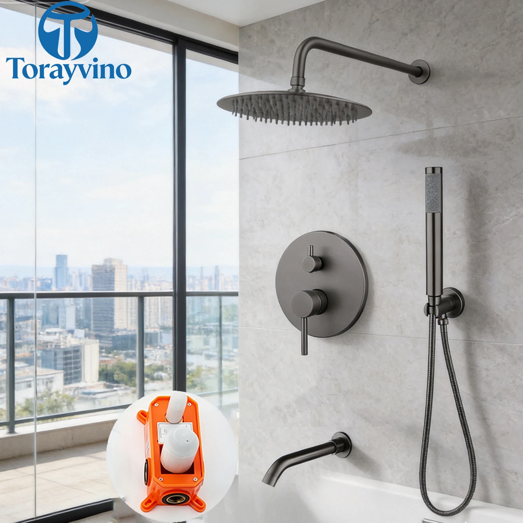 Torayvino Grey Brushed Bathroom Shower Faucet Set Three Rain Shower Head Outdoor Shower System Set Complete Bathtub Mixer Tap