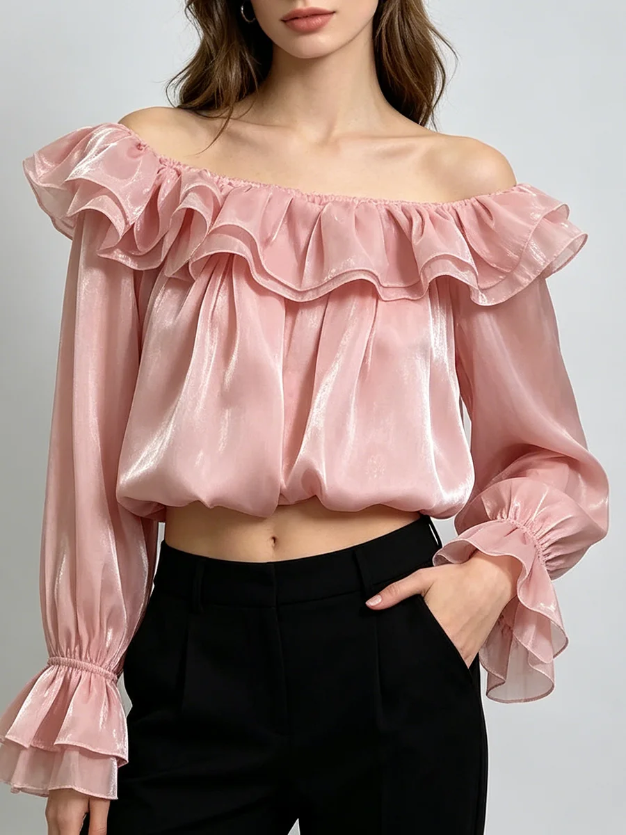 TWOTWINSTYLE Solid Slimming Spliced Ruffles Folds Blouse for Women Slash Neck Long Sleeves Patchwork Elastic Waist Top Female