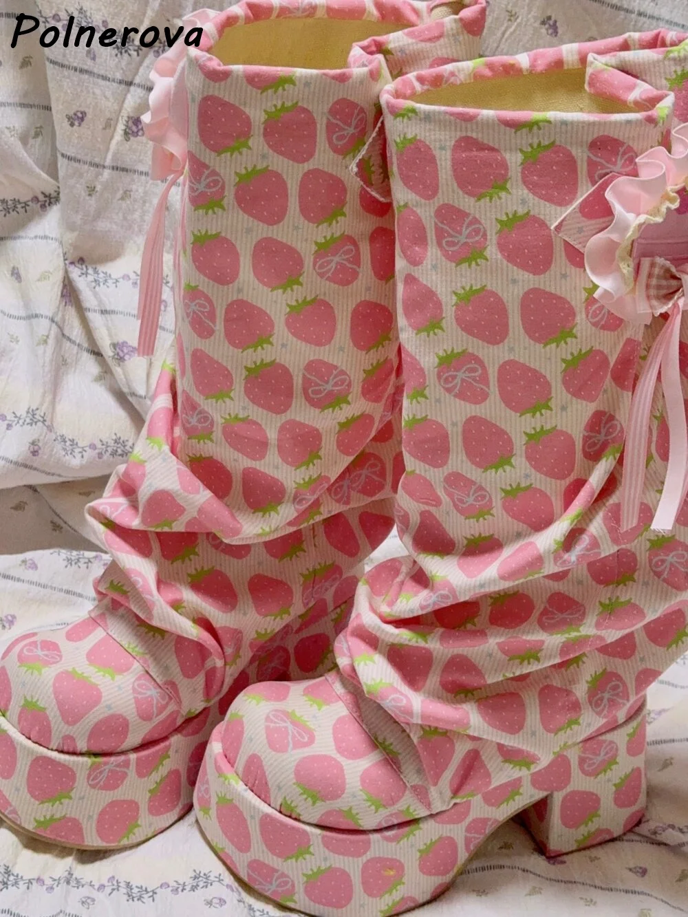 Sweet Lolita Strawberry Print Platform Boots Pink Kawaii Ruffle Bow Chunky Heel Mid-Calf Shoes Harajuku Gothic Cosplay Shoes