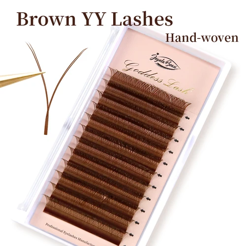 Pestañas en forma de YY marrón de diosa, puntas dobles, tejidas a mano, extensión de pestañas YY naturales suaves y ligeras de primera calidad