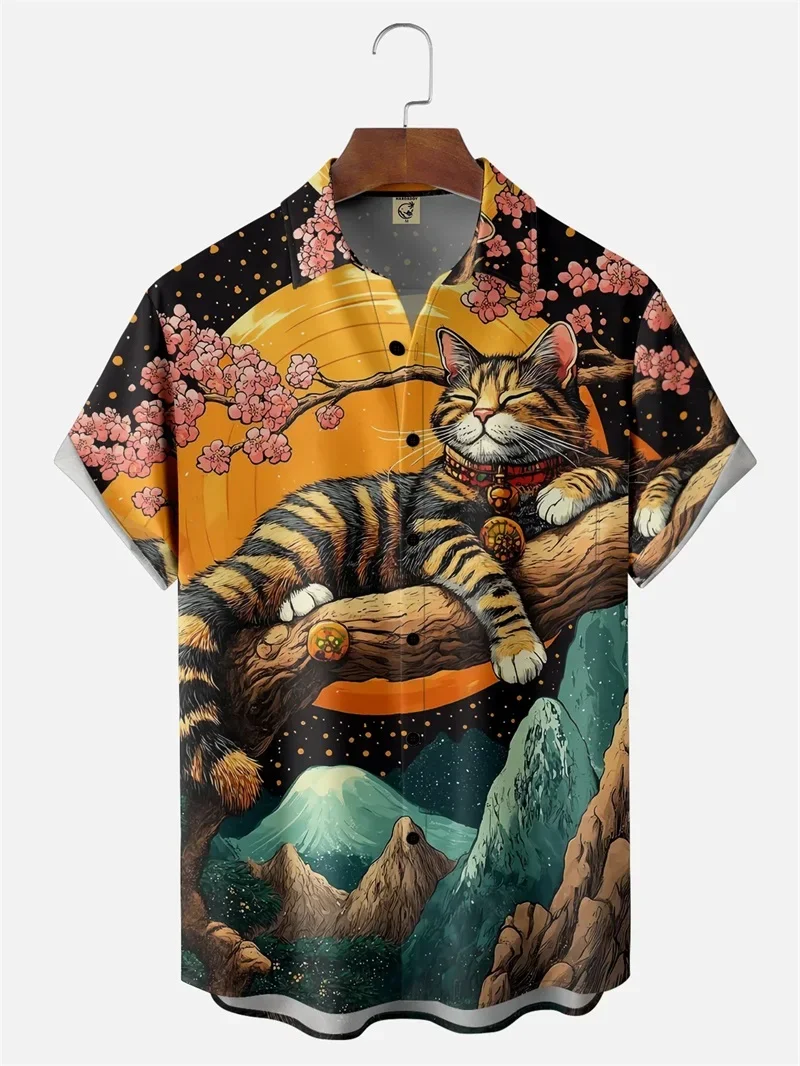 Men's Retro Short Sleeve Beach Shirt Summer Casual Ukiyoe Kitten Fishing Shark Print Hawaiian Shirts Men's Lapel Aloha Shirt