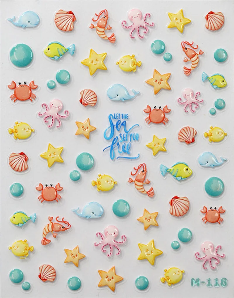 1PCS 5D Embossed Summer Sea Nail Kawai Stickers Dreamy Ocean Shell Animal World Nails Design Manicure Decoration Accessories DIY
