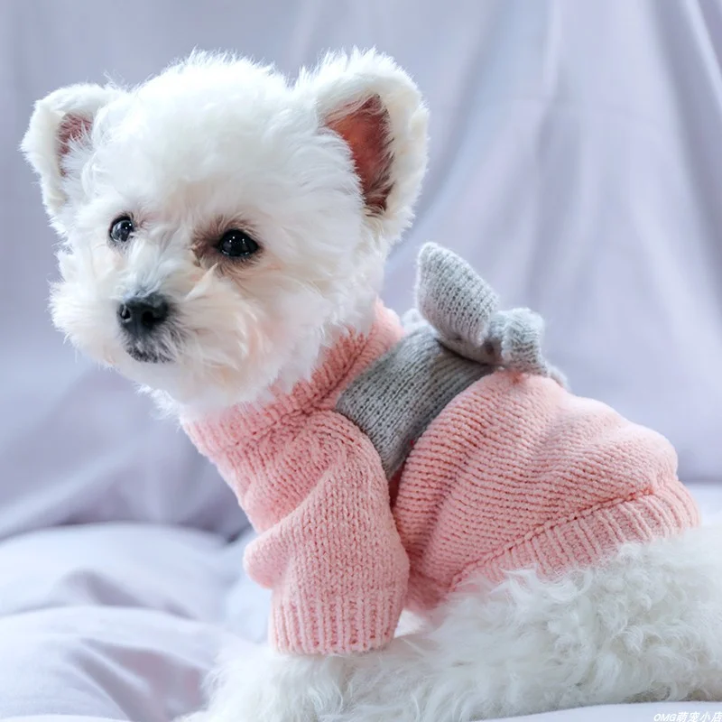 1PC pet clothing dog autumn and winter bow sweater pink pullover elastic knit sweater suitable for small and medium-sized dogs