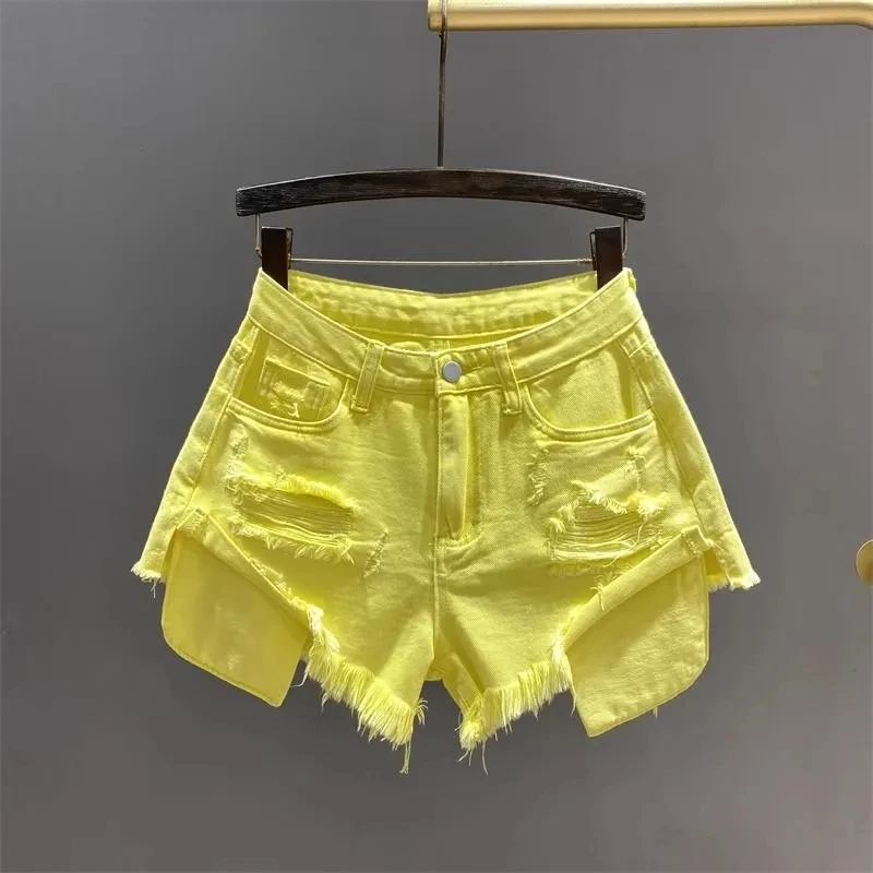 

Spicy girl wearing wide leg Denim Shorts Women's Street wear Summer New Niche fringed Leaked Pockets Slimming A-line Hot pants