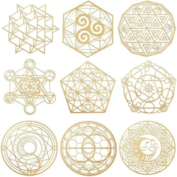 9Pcs 1.6×1.6inch Sacred Geometry Metal Energy Stickers Flower of Life Orgone Pyramid Stickers Golden Stickers for Making Kit