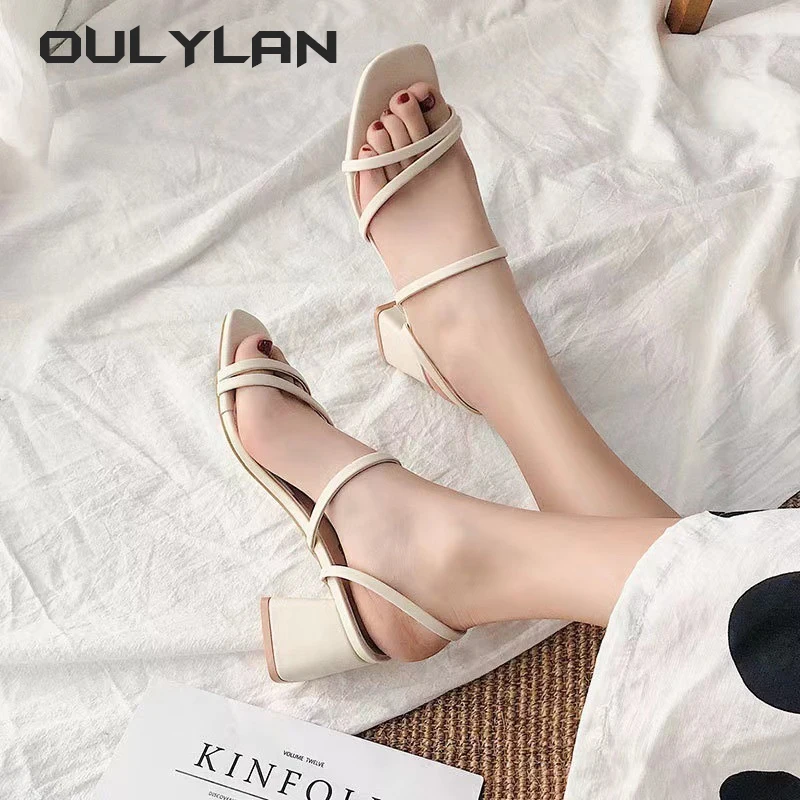 Oulylan Women Sandals Ladies Square Heel Elegant Summer Slippers Outside Cross Tied Leather Female Slides Fashion Woman Sandals