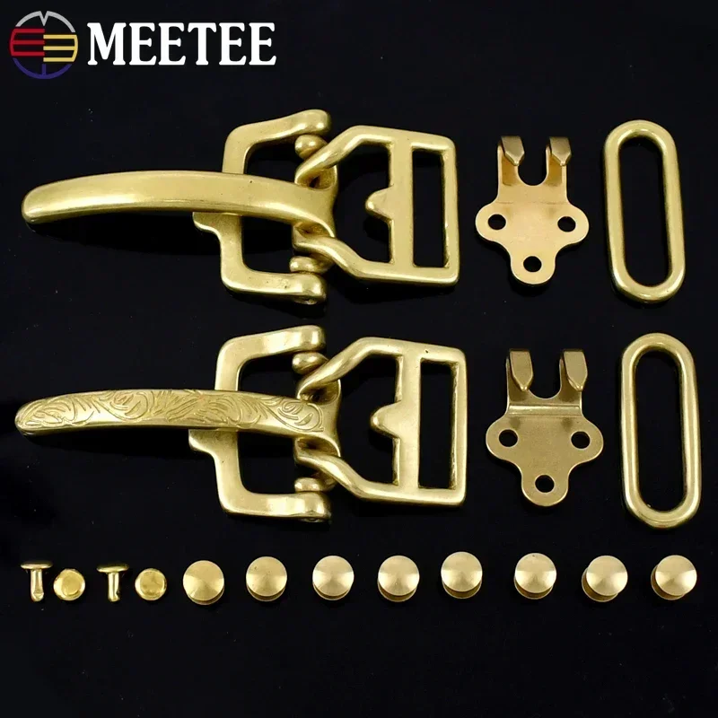 

1Set=4Pcs Meetee 38mm Pure Brass Belt Buckle Carving Waistband Buckles with Screw Clasp DIY Leather Belts Hardware Accessories