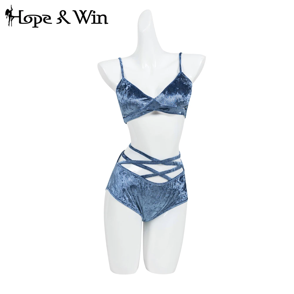 

Hope&Win Hot Sales Women's Teal Velvet Materials High-Waist Pants Set Pole Dance Wear Ladies Night Clubwear Sexy Erotic Wear