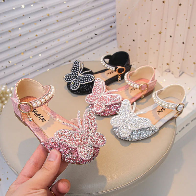 

Summer Girl'S Sandals Butterfly Diamante Luxury Glittery Kids Flat Shoes Closed-Toe Pretty Princess Flexible Sole Children Shoe