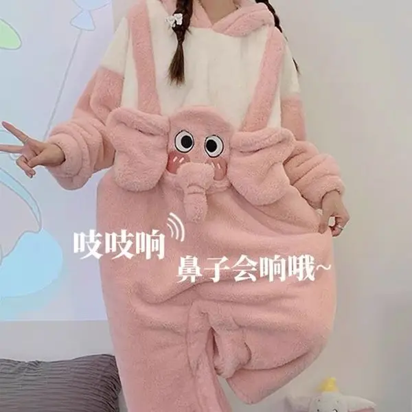 Sanrio Hello Kitty Thickened Flannel Hooded Onesie Women Soft Plush Jumpsuit Warm Winter Kawaii Cartoon Casual Home Sleepwear