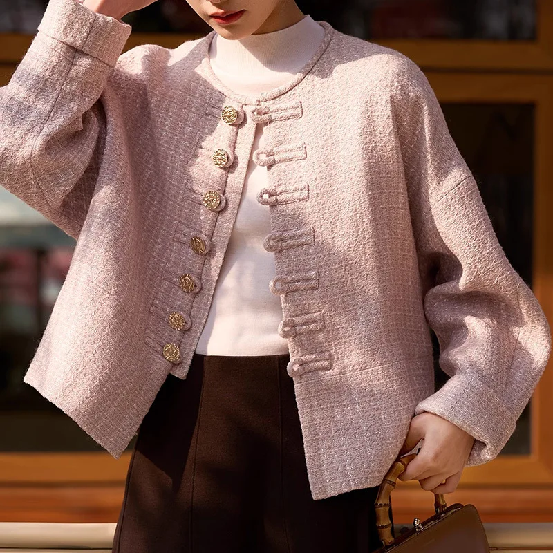 

Women Pink Top Round Neck Chinese Coat Spring Clothing