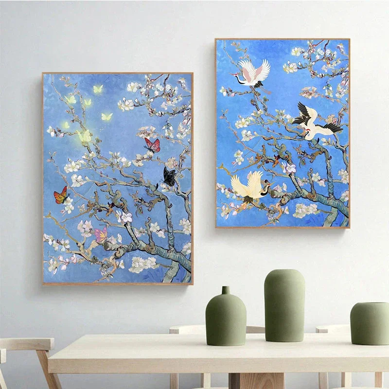 Multiple sizes 1pc frameless Canvas Painting,Butterfly Bird on Van Gogh Almond Blossom Canvas Painting Wall Art Impressionist Fl
