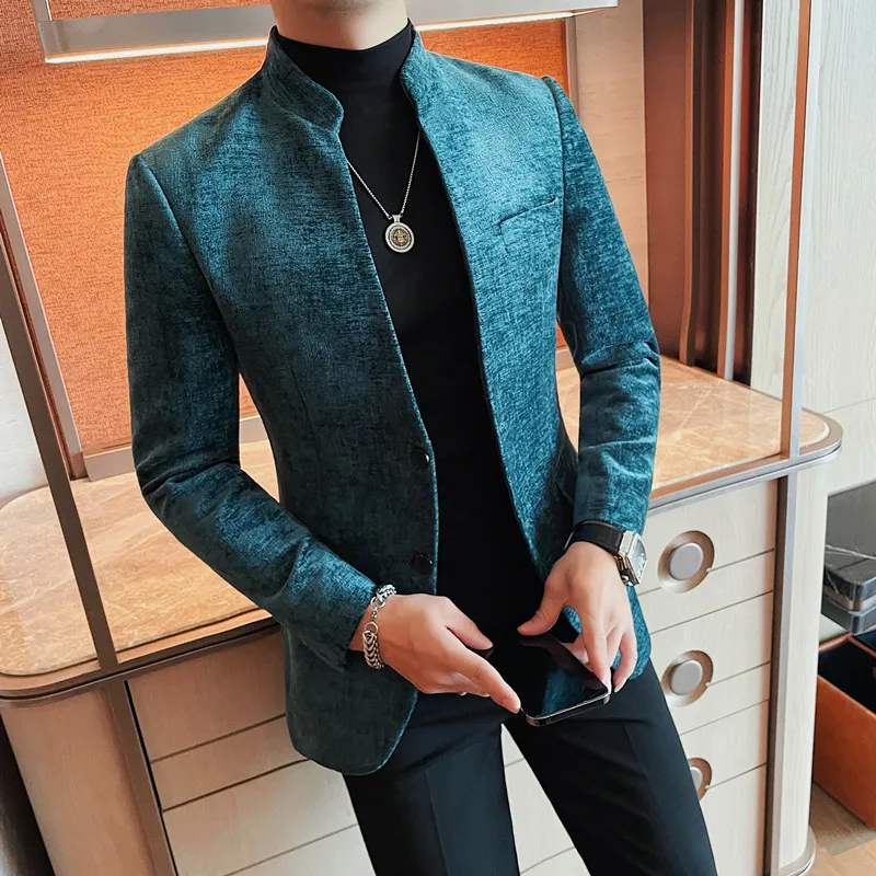 Autumn Corduroy Stand Up Collar Suit Jacket Men Slim Fit Casual Business Blazers Street Wear Social Banquet Party Suit Jackets