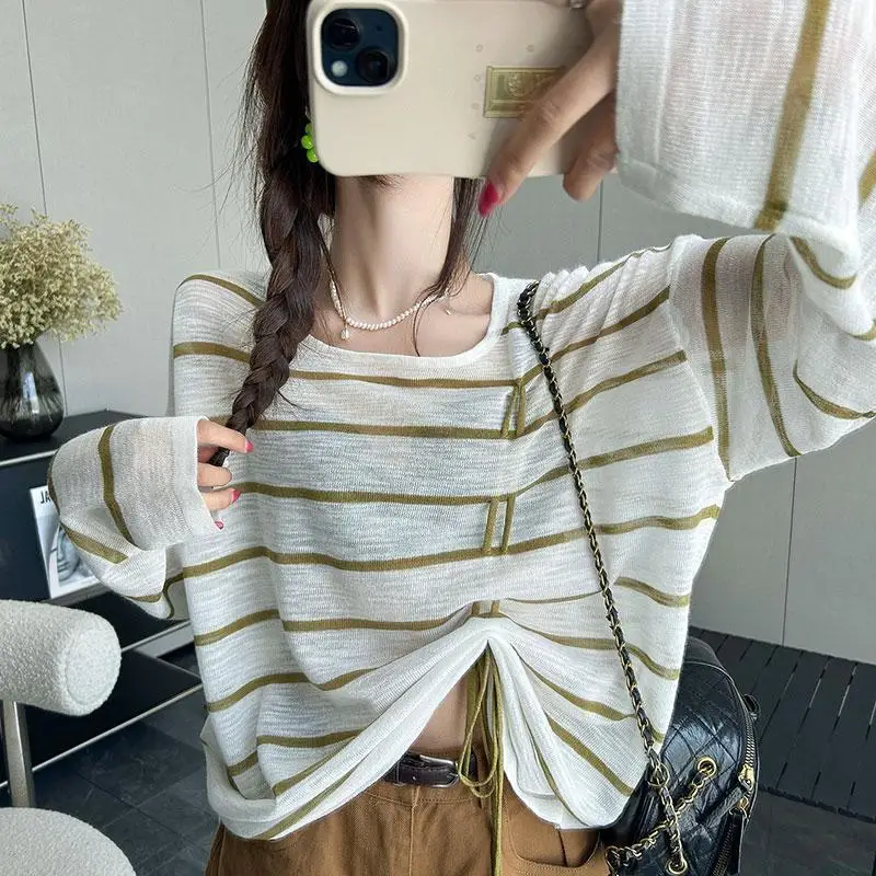 Women\'s 2024 Spring and Autumn New Splicing Pullovers O-Neck Stripe Fashion Loose Minimalist Casual Long Sleeve Knitted Tops