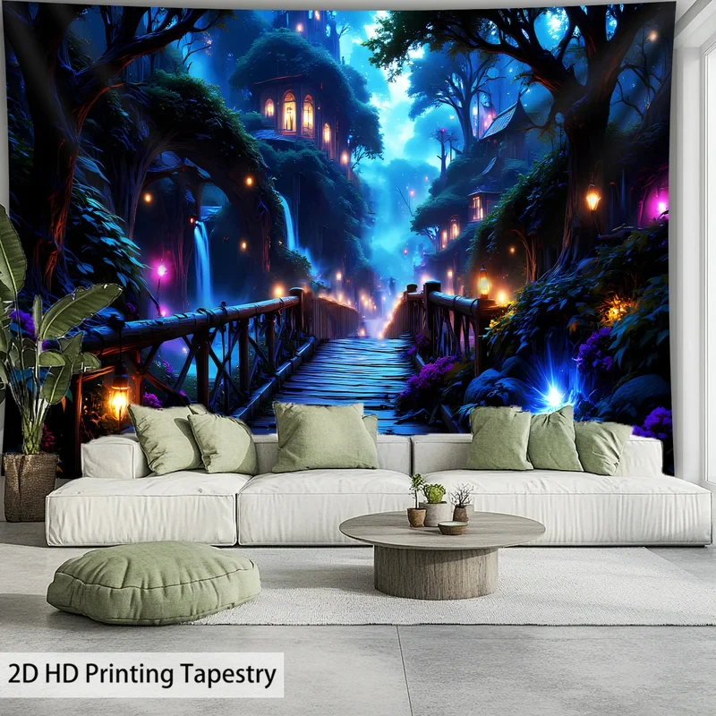 

VIKAMA Magical Forest Tapestry Fantasy Night Bridge Waterfall Fairy Lights Wall Hanging Aesthetic Decor for Bedroom Living Room