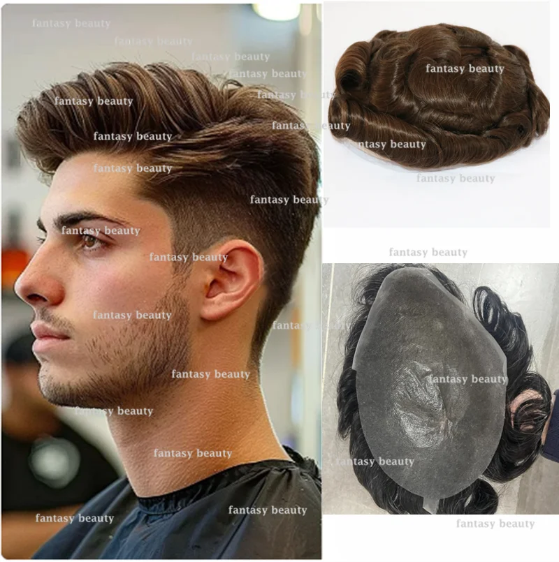 Wig rambut alami pria, rambut palsu hitam pria, Vloop Super 0.02mm, kulit tipis, tahan lama, sistem injeksi kapiler, rambut manusia pria coklat