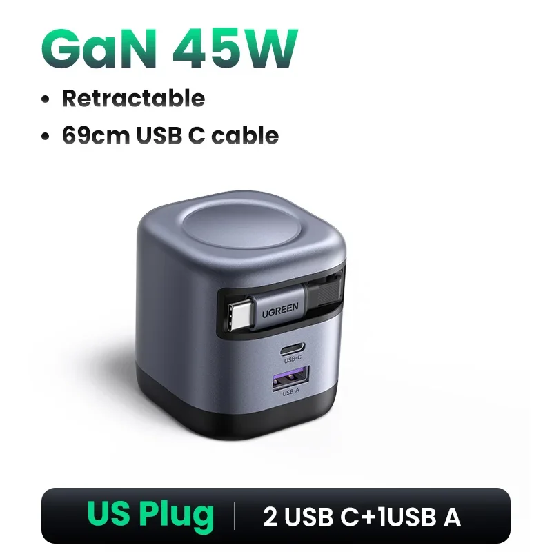 UGREEN 100W GaN-oplader met intrekbare USB C-kabel UFCS PPS PD snellader voor laptop Macbook Pro iPad tablet iPhone Samsung