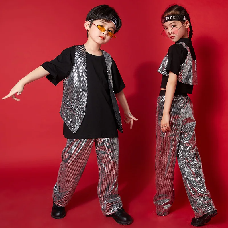 Girls Sequin Crop Tops Shorts Jacket Hip Hop Dancewear Kids Vest Shining Street Dance Clothing for Stage  Jazz Dance Oufit