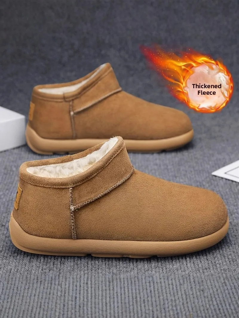 Men's Winter Warm Fleece Lined Short Snow Boots Outdoor Leather Fur Integrated Cold Resistance Bread Shoes Slip-On Casual Shoes