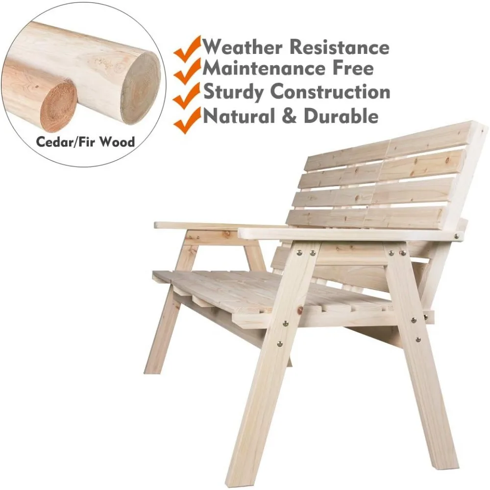 Fir Log Wood Patio Garden Bench with Foldable Table, Outdoor Wooden Porch 3-Seat Bench Chair for Garden Balcony