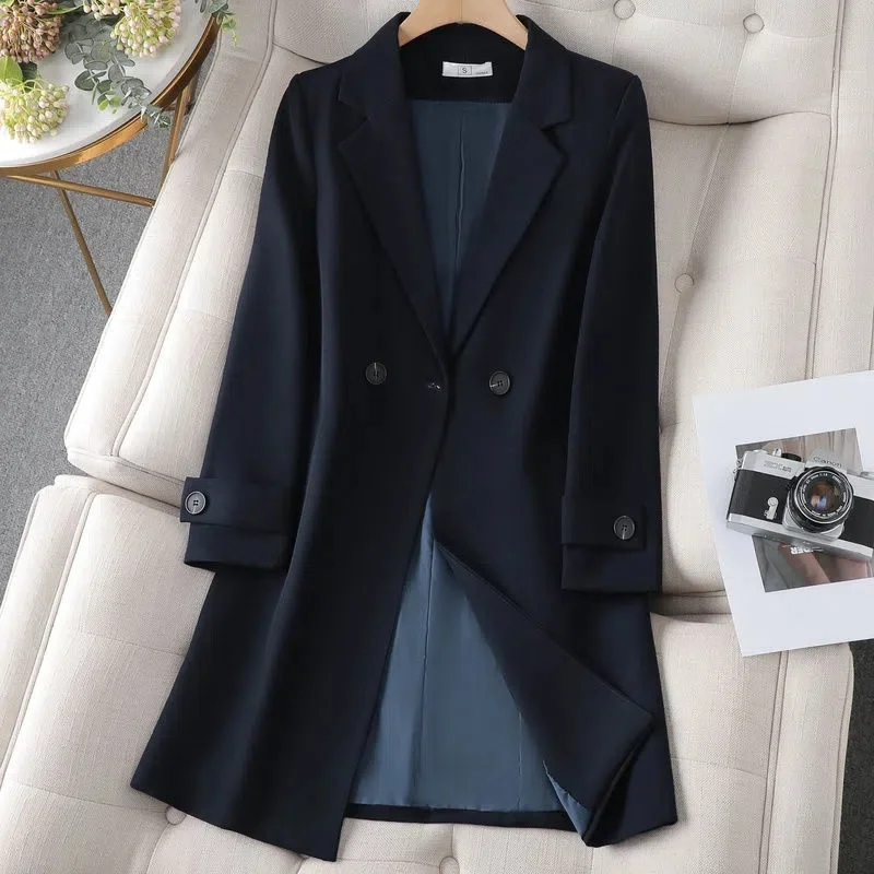 2023 Women‘s Suit Jacket Autumn Fashion Chic Double Breasted Suits With Belt Office Long Blazer for Women Elegant Outerwear 4XL