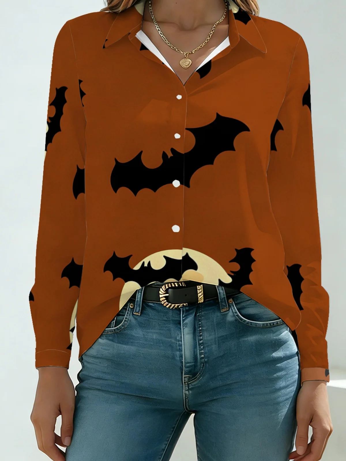 Soft Minimal Halloween Bat Moon Womens Collared Shirt Solid Caramel Brown Base Black Bat Silhouette Full Moon Allover Print Long
