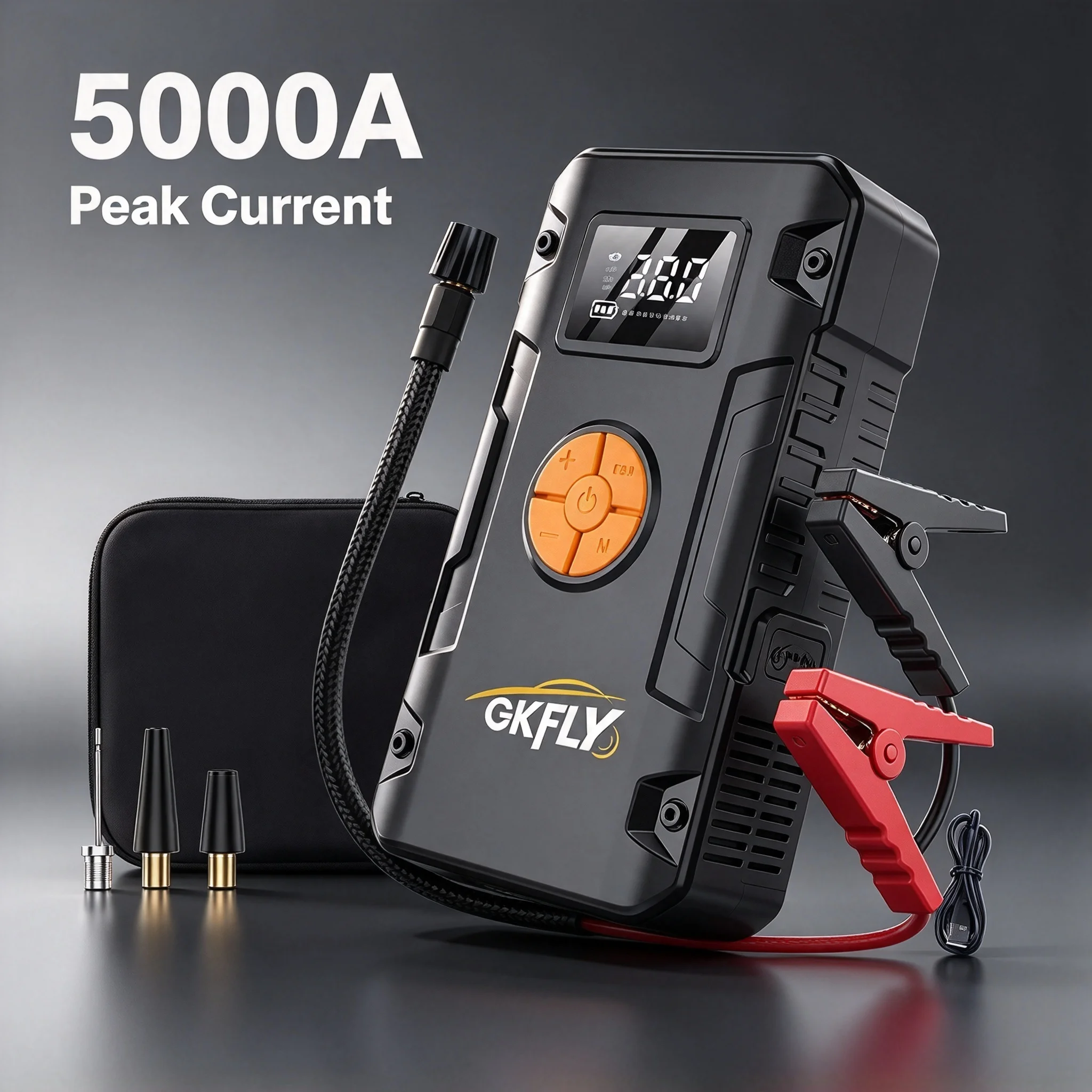 GKFLY 5000A: krachtige 12V startbooster voor auto's, met een luchtpomp van 150 PSI, een noodaccu en een powerbank, geschikt voor motoren tot 6,5 liter (benzine) en 5,0 liter (diesel).